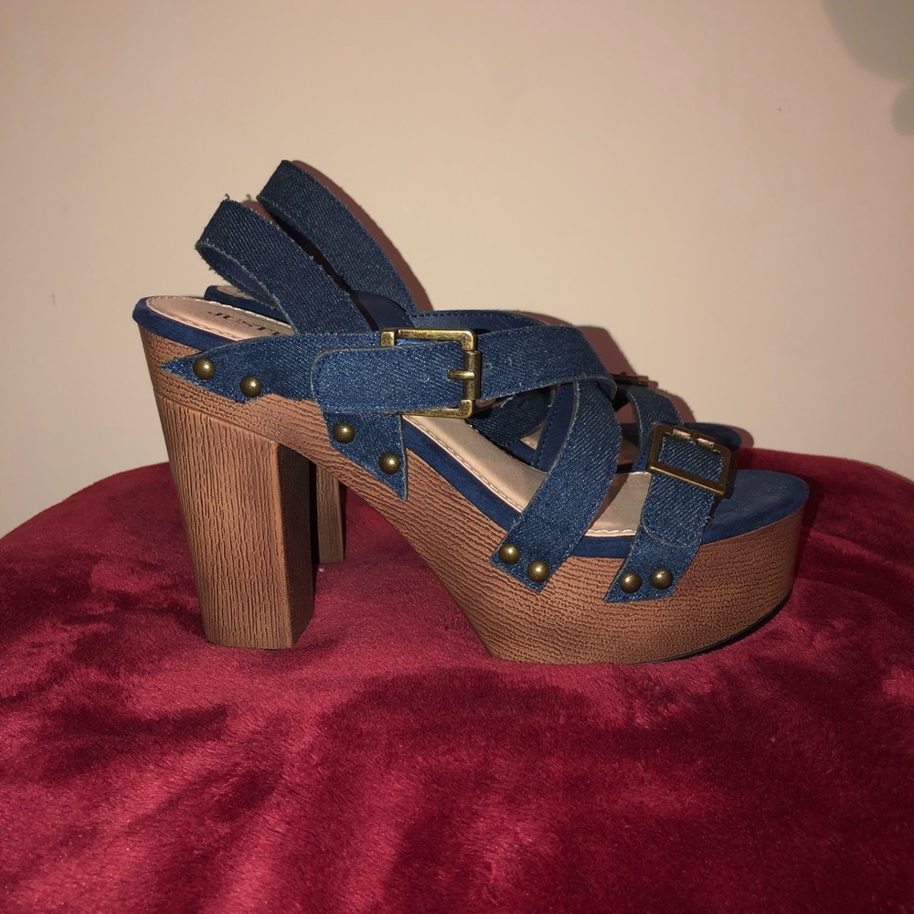 JustFab Blue Jean Wood Heeled Sandals